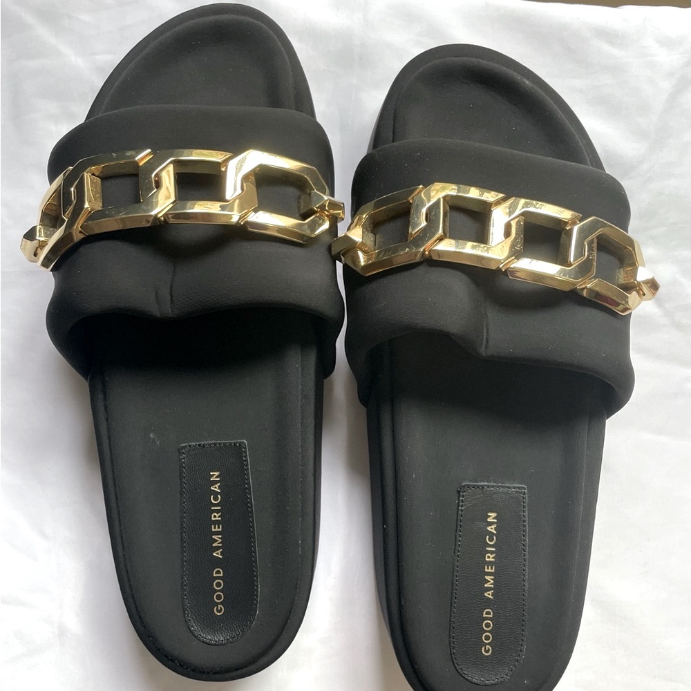 Sz 12 Good American Black and Gold Chain Slide Sandals - Picture 7 of 16
